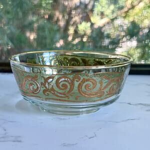 MCM Culver Glass Bowl 22K Gold Scroll Green Band Vintage Dish